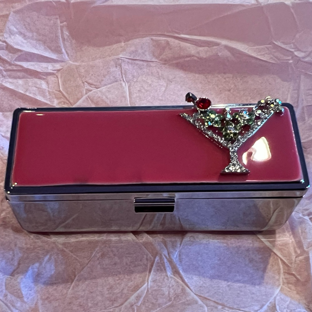 Fashionable Lipstick Case Holder with Mirror - Pink Martini Faux Rhinest…